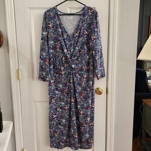 Lands’ End L (14-16) Ditzy Floral Twist-Front Dress, 3/4 Sleeve